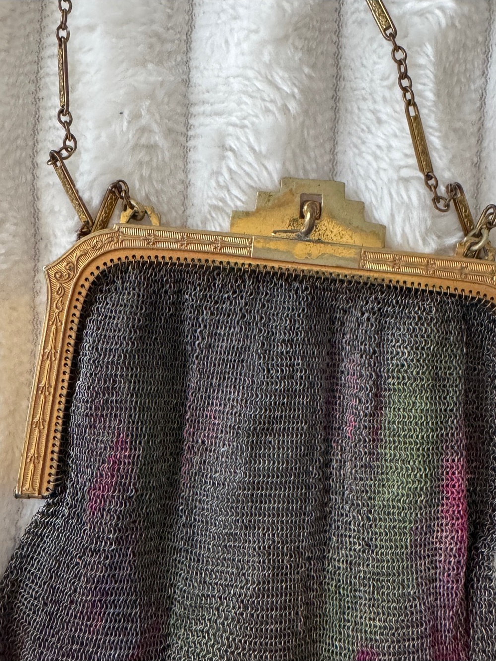 Vintage Gold Frame Mesh Handbag in Gray with Subtle Color Accents